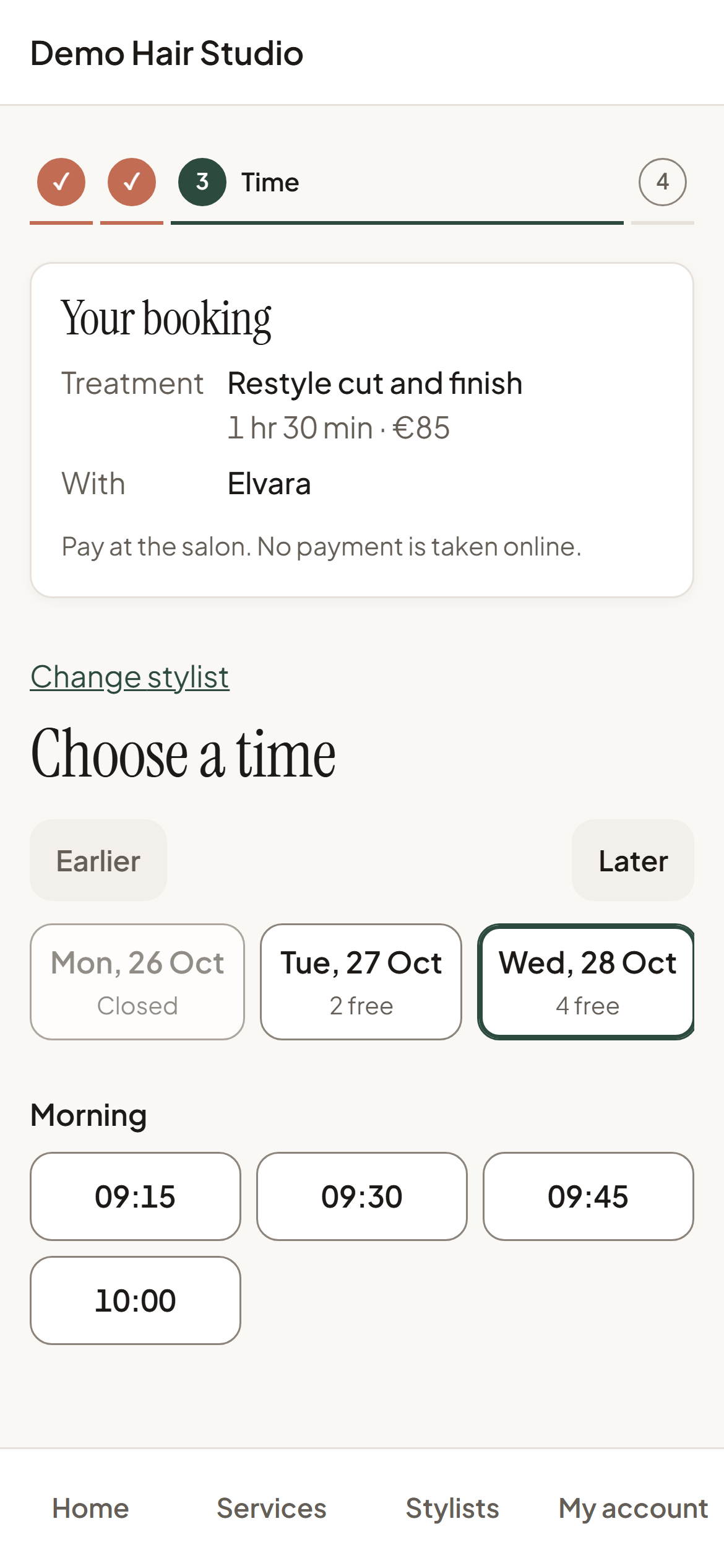GlowUpSync on a phone: a customer choosing a time with their chosen stylist