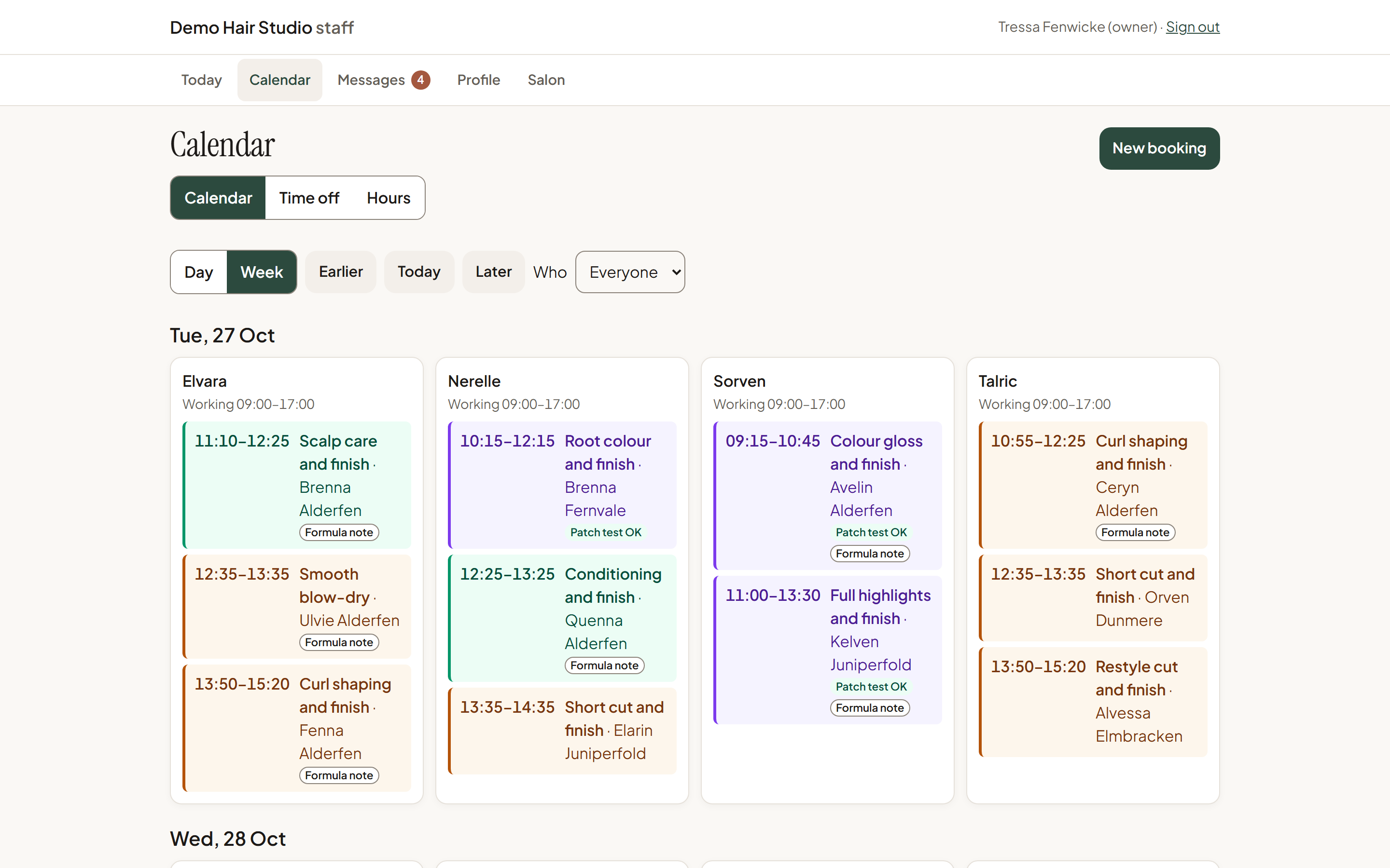GlowUpSync's owner calendar: a week view with each stylist's appointments, patch-test and formula notes